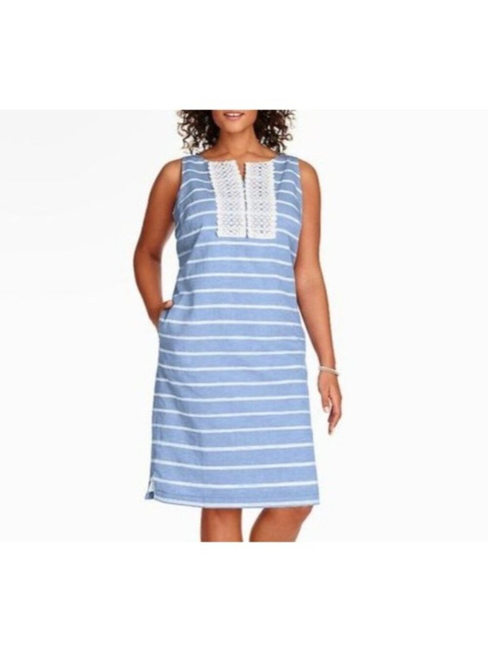 Talbots Linen Cotton Shift Dress 12 Crochet Lace Trim Pockets Striped Blue White - Picture 2 of 14